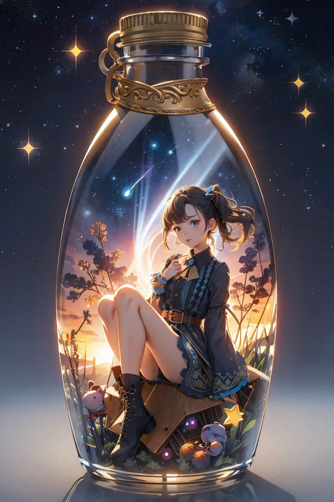 The image is a digital painting of a girl in a bottle. The girl is sitting on a wooden box in the bottle. She is wearing a black and blue dress with a white collar. The girl has brown hair and brown eyes. She is looking down at a creature sitting on the box next to her. The creature is a small, furry creature with big ears and a long tail. The bottle is sitting on a table. There are stars and a shooting star in the background.