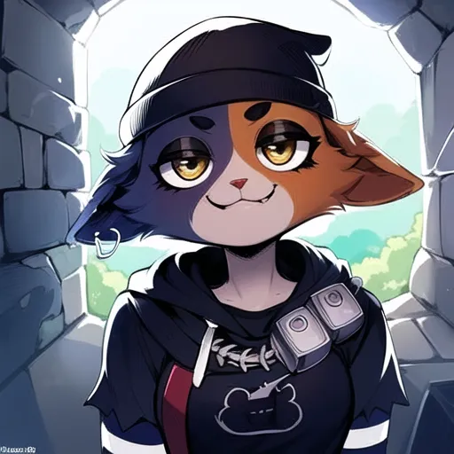 The image is of a cartoon cat girl with brown and black fur. She is wearing a black hoodie with a white beanie. The hoodie has a red and blue design on the front. She has a bandolier with two grenades on her right side. She is standing in a stone doorway and looking at the viewer with a sly expression on her face.