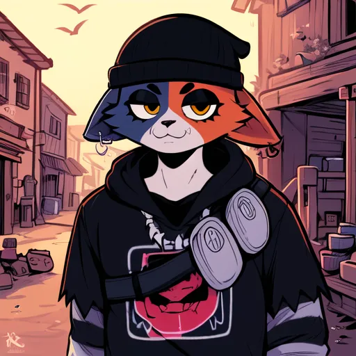 The image is of a cartoon cat wearing a black beanie and a black hoodie with a red and blue design on the front. The cat has its ears pierced and is wearing a necklace with a pendant in the shape of a cat's head. It is standing in an alleyway with buildings on either side. The sky is orange and there are clouds in the background.