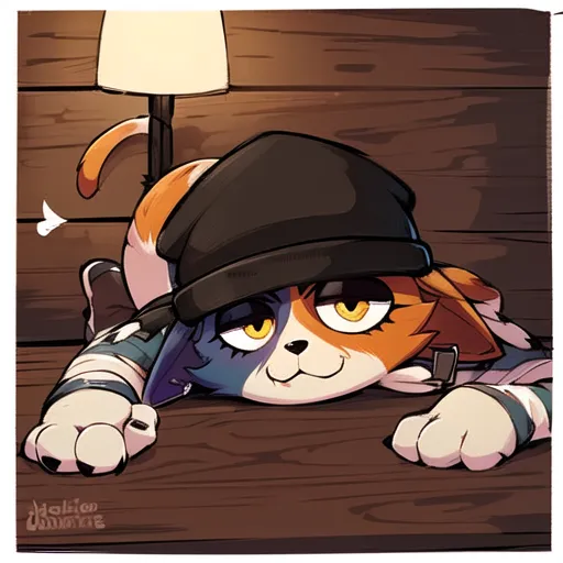 The image is a cartoon drawing of a cat wearing a beanie. The cat is orange and white, with blue eyes and a black nose. It is wearing a black beanie with a white logo on it. The cat is lying on its stomach with its paws in front of it. It has a smug expression on its face. The background is a wooden table with a lamp on it.