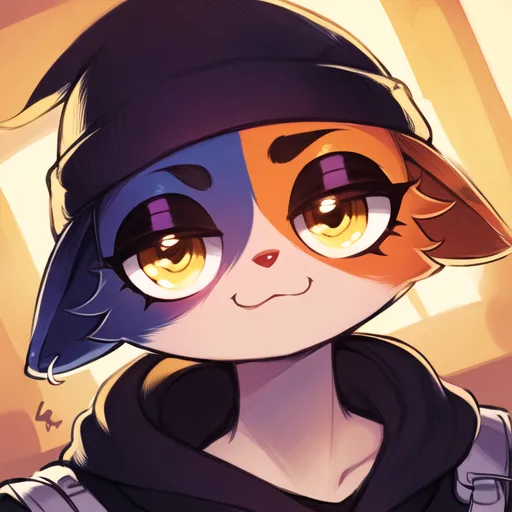 A imagem é um desenho de cartoon de um gato usando um gorro. O gato tem pelo laranja e azul, e seus olhos são amarelos com sombra roxa. Ele está sorrindo e tem uma expressão confiante no rosto. O gato está usando um gorro preto com uma faixa azul e laranja. Ele também está usando um casaco preto com uma camiseta branca por baixo. O casaco tem detalhes laranja e azul. O gato está em pé em frente a um fundo branco, e há uma luz brilhando sobre ele do lado esquerdo da imagem.