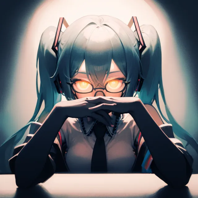 The image is of a young woman with long, blue hair and yellow eyes. She is wearing a white shirt and a black tie. She is sitting at a desk with her hands folded in front of her. She is wearing glasses and there is a bright light shining on her.