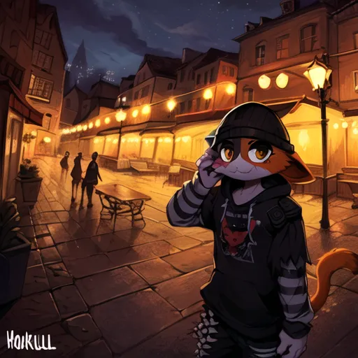 L'image montre un chat anthropomorphe marchant dans une rue de style européen. Le chat a un pelage noir et orange et des yeux verts. Il porte une veste en cuir noir et a sa main droite sur la bouche. La rue est pavée de pavés et bordée de vieux bâtiments des deux côtés. Il y a des lampadaires dans la rue et on peut voir des gens marcher. Le ciel est sombre et il semble pleuvoir.