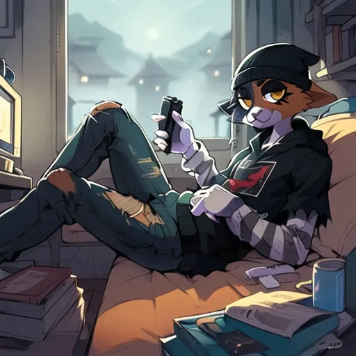 The image is of a cat wearing a beanie and a black and white striped shirt. The cat is sitting on a couch, with one leg crossed over the other. The cat is holding a phone and looking at it. There is a window in the background of the image, and a cityscape can be seen outside the window. There are also some books and papers on the floor next to the couch.