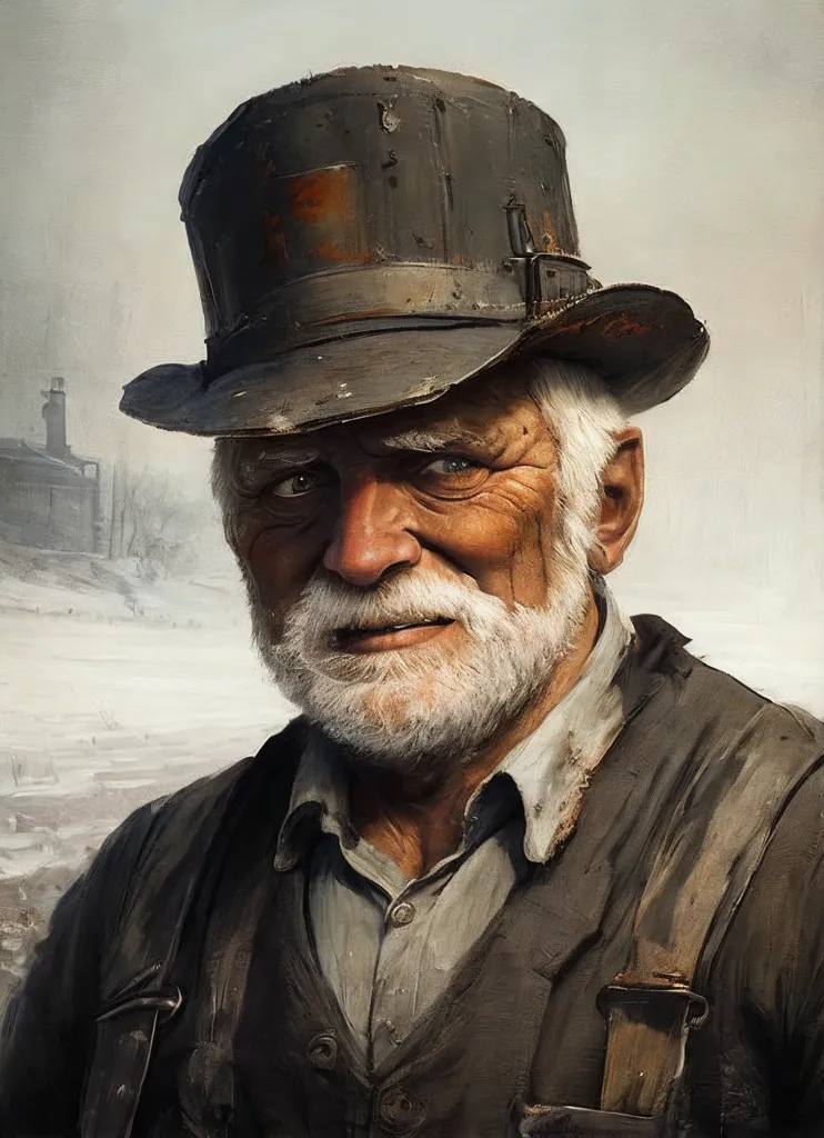 The image shows an old man wearing a steampunk style hat and a white shirt. He has a long white beard and a weathered face. He is wearing a brown vest and a dark brown coat. He has a serious expression on his face. The background is a blurred industrial landscape.