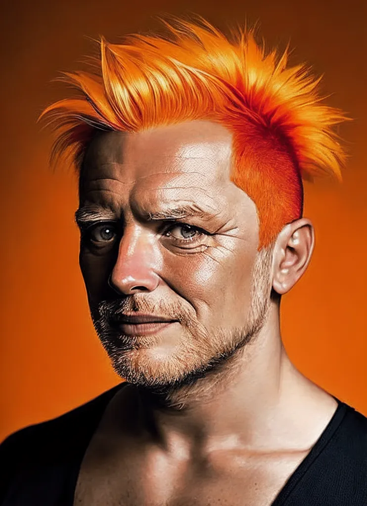 L'image montre un homme avec une coupe de cheveux très courte. Les cheveux sur le dessus de sa tête sont orange et les cheveux sur les côtés et l'arrière de sa tête sont blancs. Ses sourcils sont également orange. Il a une petite quantité de poils faciaux. Sa peau est pâle. Il porte une chemise noire. L'arrière-plan est orange.