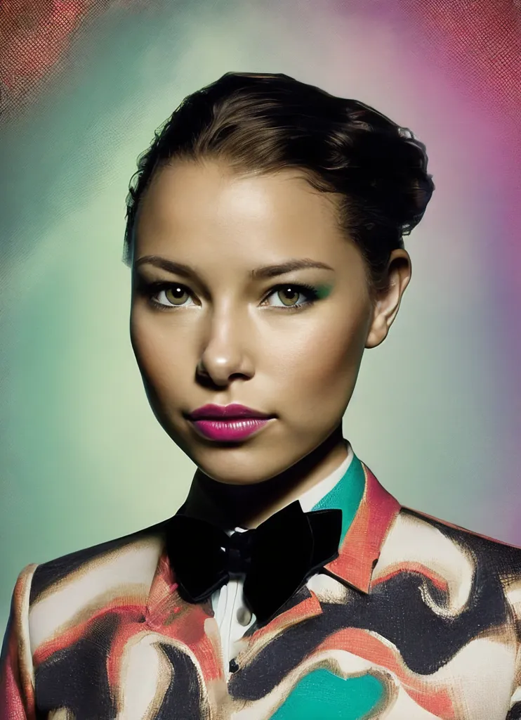 The image shows a young woman with short dark hair and light green eyes. She is wearing a white shirt, a black bow tie, and a colorful jacket. The background is a light green, blue, and purple gradient. The woman has a serious expression on her face. She is looking at the camera with her head tilted slightly to the right.