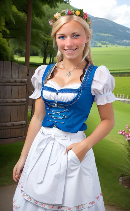 The image shows a young woman wearing a traditional Bavarian dirndl. She has long blond hair, blue eyes, and a friendly smile. She is wearing a white blouse, a blue bodice with silver buttons, and a white skirt with a pink apron. She is also wearing a necklace and a flower wreath in her hair. She is standing in a field of flowers with a mountain in the distance.