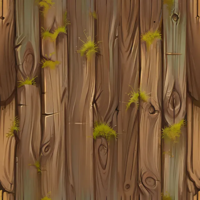 The image is a seamless texture of a wooden fence. The wood is a dark brown color with green moss growing in the cracks between the planks. The planks are arranged vertically and have a rough, weathered appearance. The texture is seamless, meaning that it can be repeated infinitely without any visible seams.