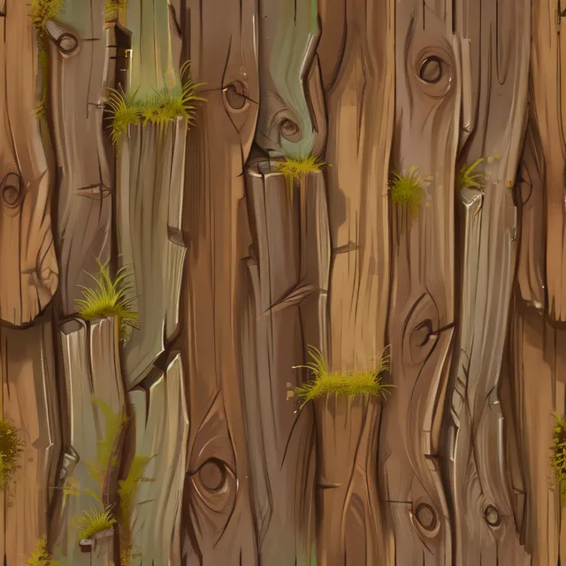 The image is a seamless texture of a wooden fence. The fence is made of vertical planks that are held together by horizontal beams. The planks are made of a light brown wood and have a rough texture. The beams are made of a darker brown wood and have a smooth texture. The fence is covered in moss and grass.