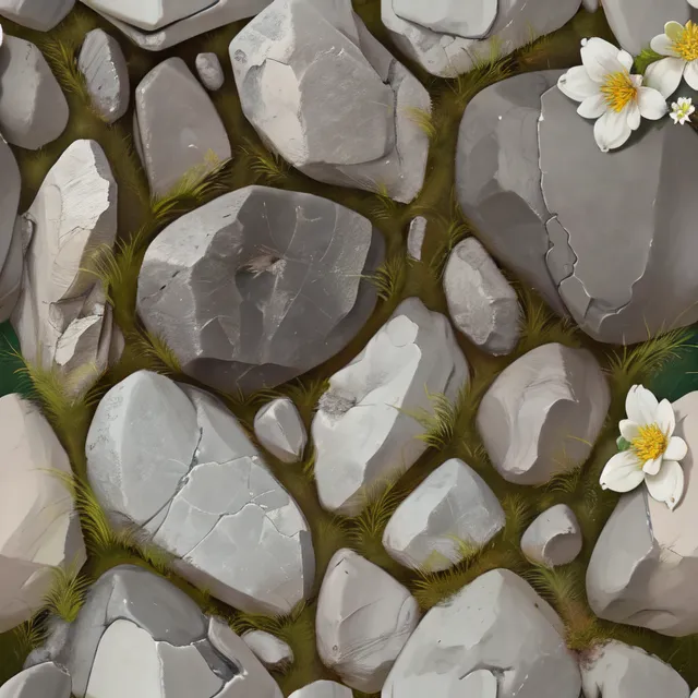 The image shows a seamless texture of rocks and grass. The rocks are of various sizes and shapes, and they are all rendered in a realistic style. The grass is green and lush, and it appears to be growing in between the rocks. There are also some small white flowers growing in the grass. The texture is seamless, meaning that it can be repeated infinitely without any visible seams.