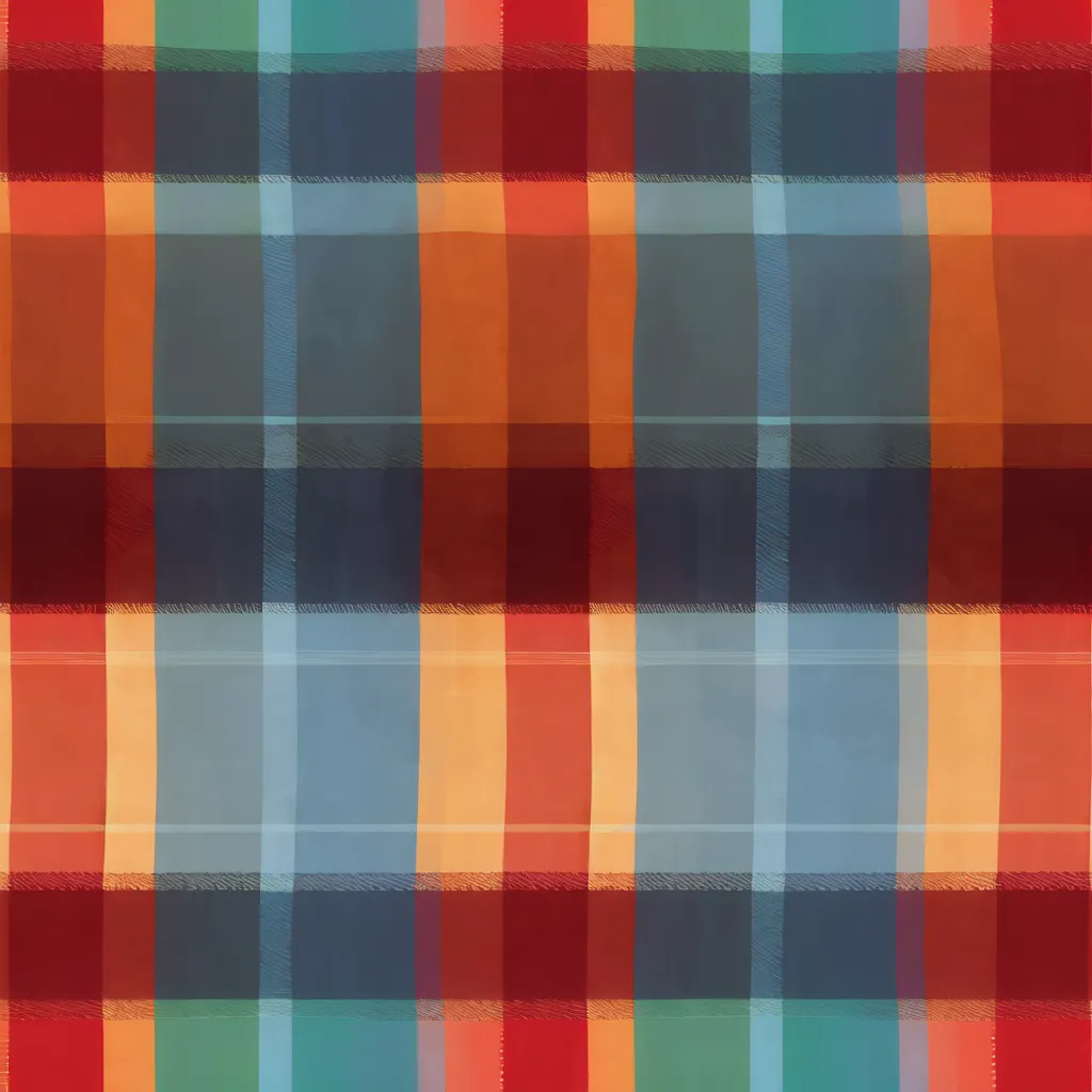 The image is a seamless multicolored tartan plaid pattern. It has eight colors: red, orange, yellow, green, blue, navy, gray, and white. The pattern is made up of horizontal and vertical stripes of different colors. The stripes are all the same width, and the pattern is symmetrical. The overall effect is one of visual interest and complexity.