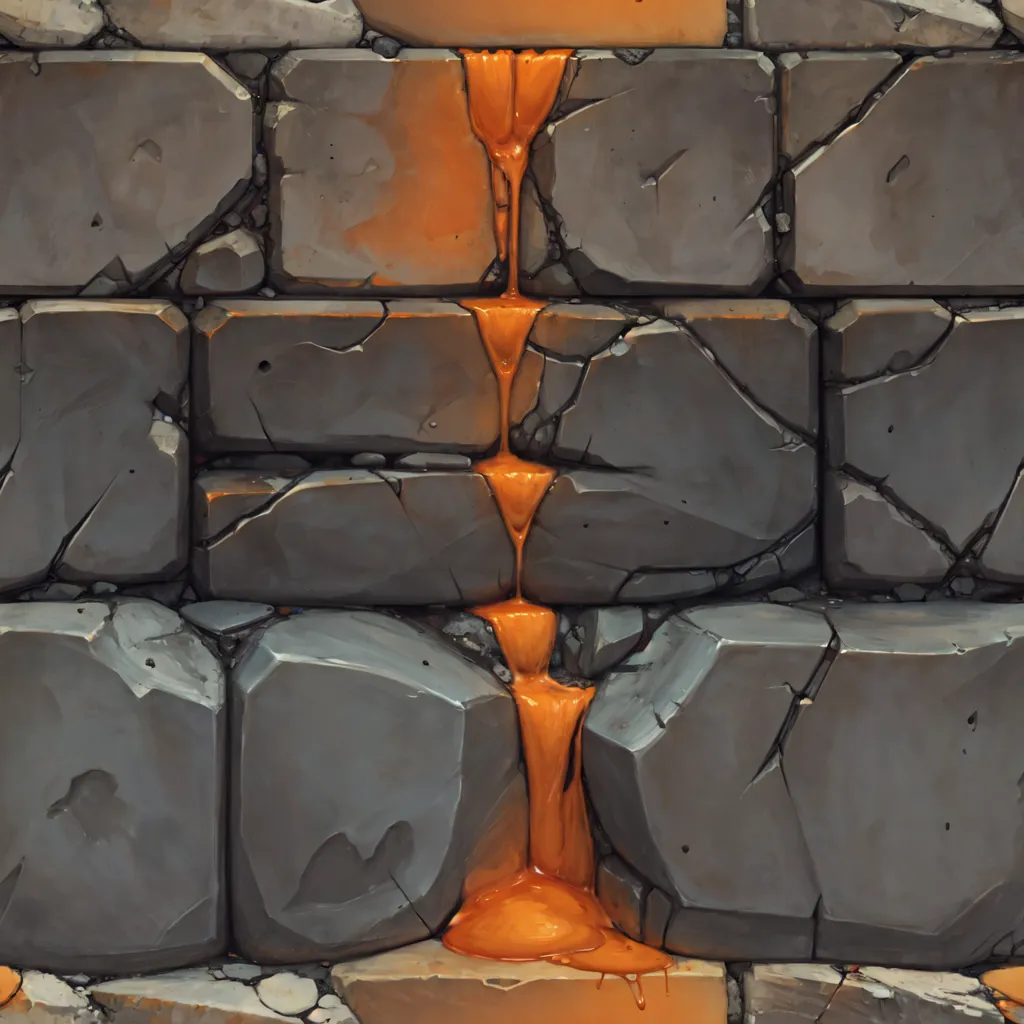 La imagen es una textura sin costuras de una pared de piedra con un líquido naranja goteando por ella. Las piedras son de color gris y rugosas, y el líquido es espeso y viscoso. El líquido parece ser lava. La textura es sin costuras, por lo que se puede utilizar para crear una pared más grande al colocarla en mosaico.