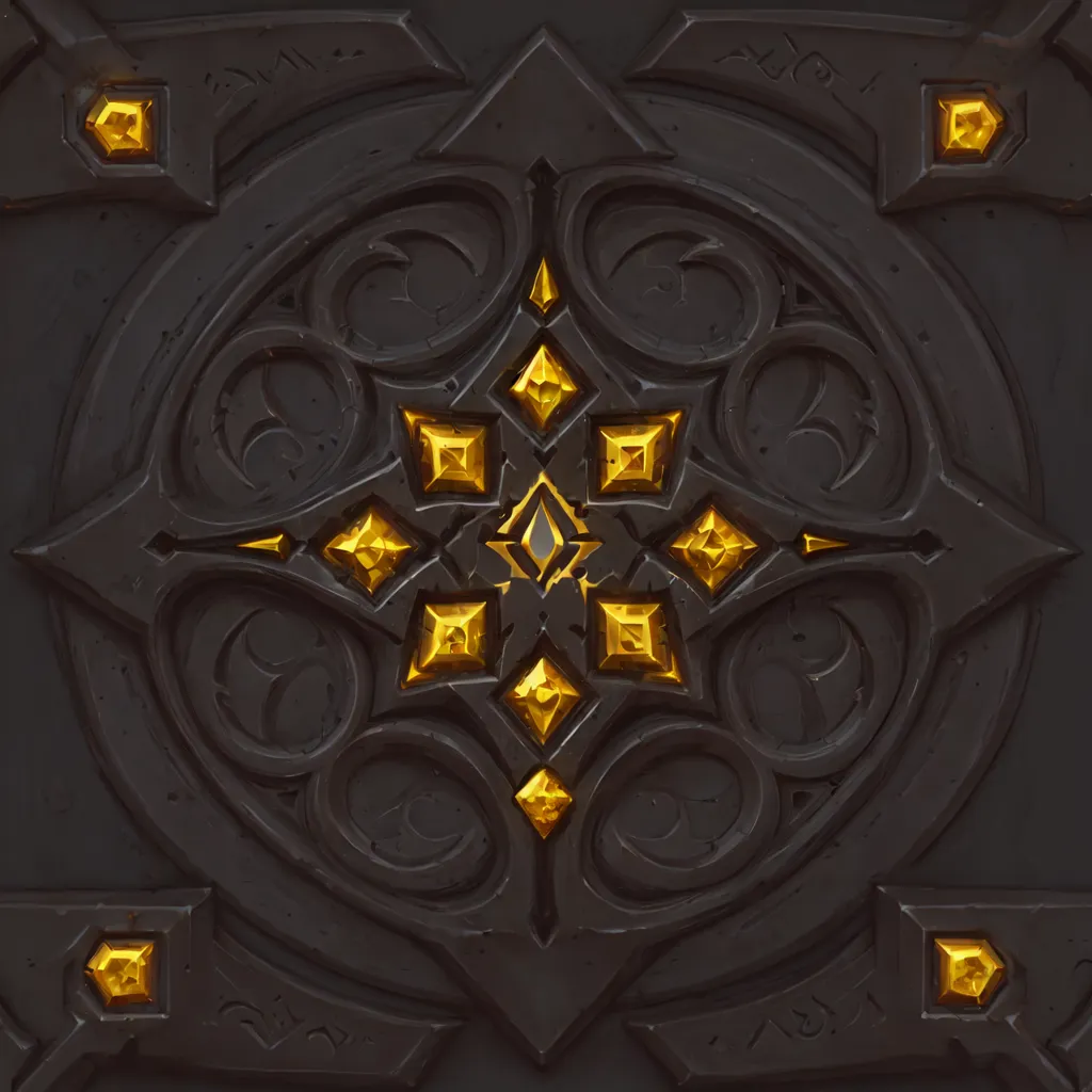 This is an image of a stone slab with a golden pattern. The slab is dark gray in color and has a rough texture. The pattern is made up of a series of interlocking circles and diamonds. The circles are filled with gold-colored gems, and the diamonds are outlined in gold. The pattern is surrounded by a border of small, gold-colored squares.