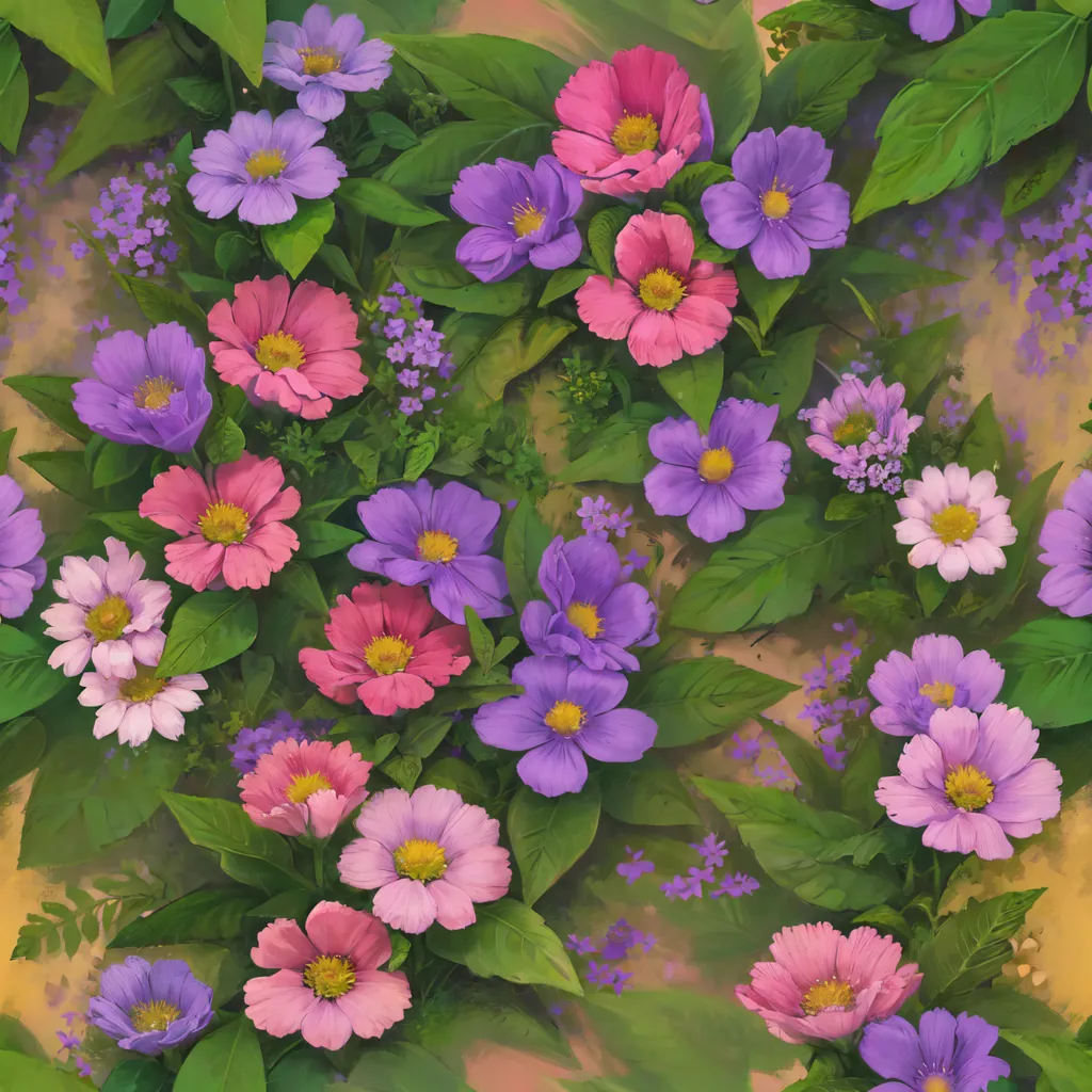 The image is a seamless pattern of cosmos flowers. The flowers are in various stages of bloom, from small buds to fully open flowers. The colors of the flowers are pink, purple, and white. The leaves are green and have a variety of shapes. The background is a light brown color.