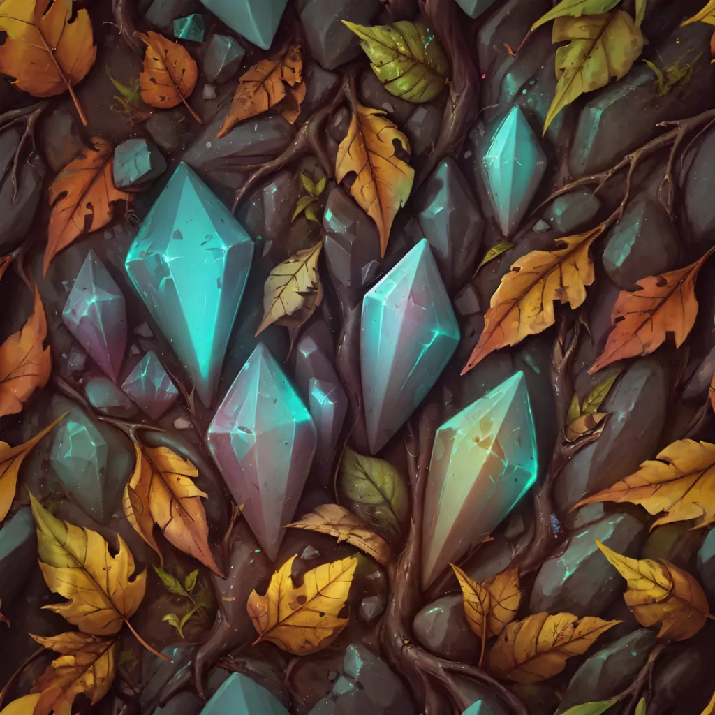 The image is a seamless texture of blue crystals on the ground. The ground is covered with rocks, leaves, and branches. The crystals are scattered around the ground and are glowing. The leaves are in various shades of brown, orange, and yellow, and the branches are brown. The background is a dark brown.