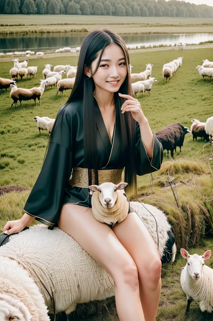 The image shows a young woman in a black kimono-style dress sitting on a white sheep in a green field. She has long black hair and is smiling at the camera. There are other sheep in the background. The image is taken from a slightly elevated angle.