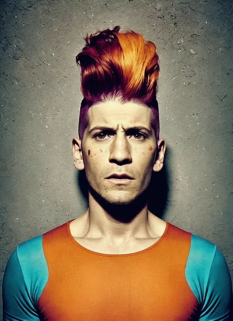 This image shows a man with half orange and half purple hair. His hair is styled in a mohawk. He has a small amount of facial hair. He is wearing an orange shirt with blue sleeves. The background is a grey wall. The man's expression is serious.