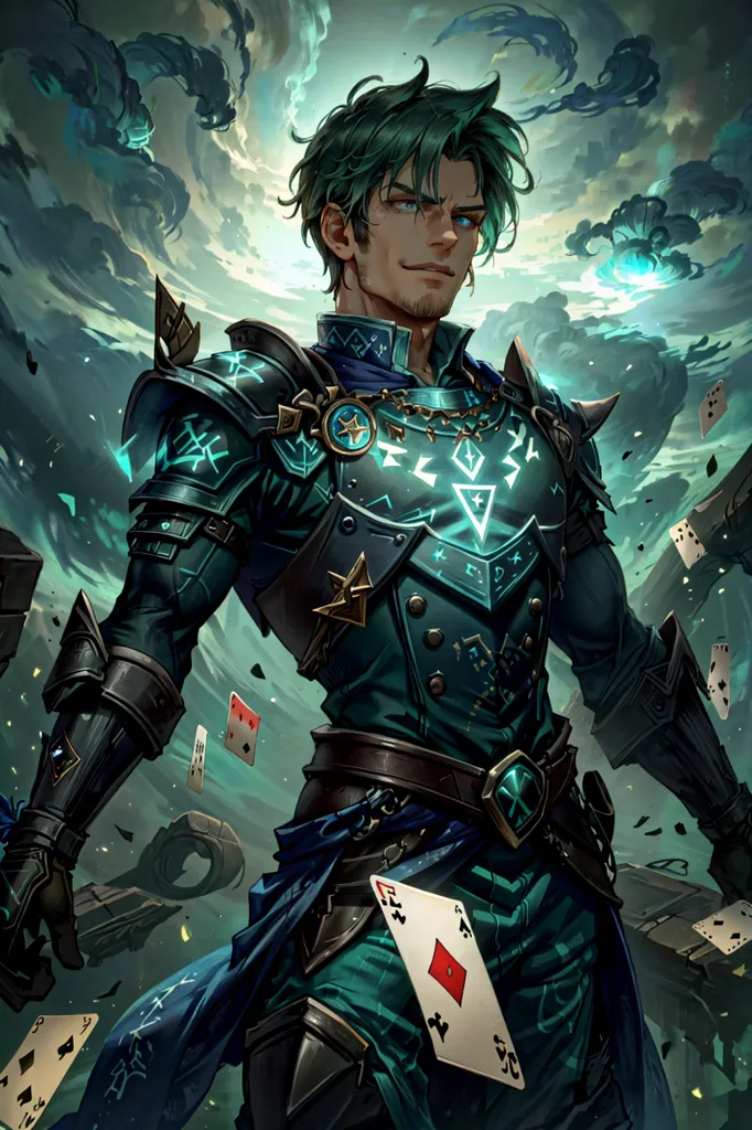 This is an image of a man who appears to be a wizard. He has green hair and eyes, and is wearing a blue and green outfit. He is also wearing a necklace with a diamond-shaped pendant. He is standing in front of a dark background, and there are cards floating around him.