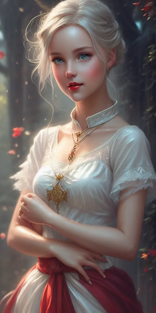 The image is a portrait of a beautiful young woman with long blonde hair and blue eyes. She is wearing a white dress with a red sash and a gold necklace with a pendant. The background is blurry and looks like a forest with red leaves. The woman is looking at the viewer with a serious expression.