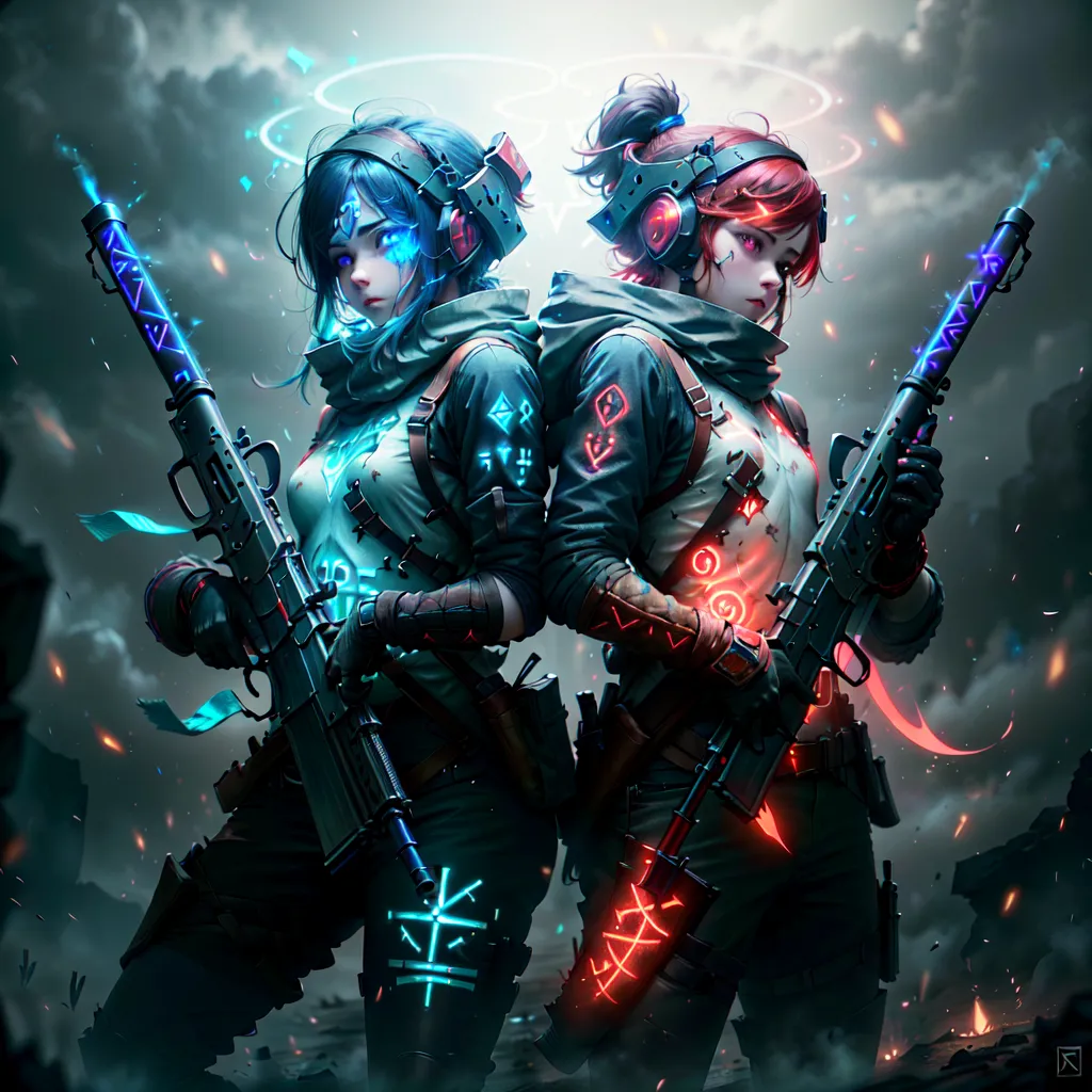 The image shows two anime girls with guns standing back-to-back. The girl on the left has blue hair and blue eyes, and the girl on the right has red hair and red eyes. They are both wearing black and green outfits and have headphones on. They are also both holding guns. There is a glowing blue and red circle around each of their heads. There is a dark background with smoke and debris.