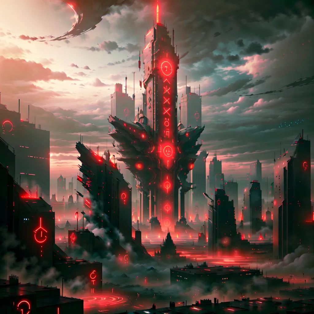 La imagen es un paisaje urbano oscuro y futurista. Los edificios son altos e imponentes, y el cielo es de un rojo profundo. Hay extraños símbolos que brillan en rojo sobre los edificios. La ciudad está bañada en una luz roja, y hay una sensación de presagio en el aire.