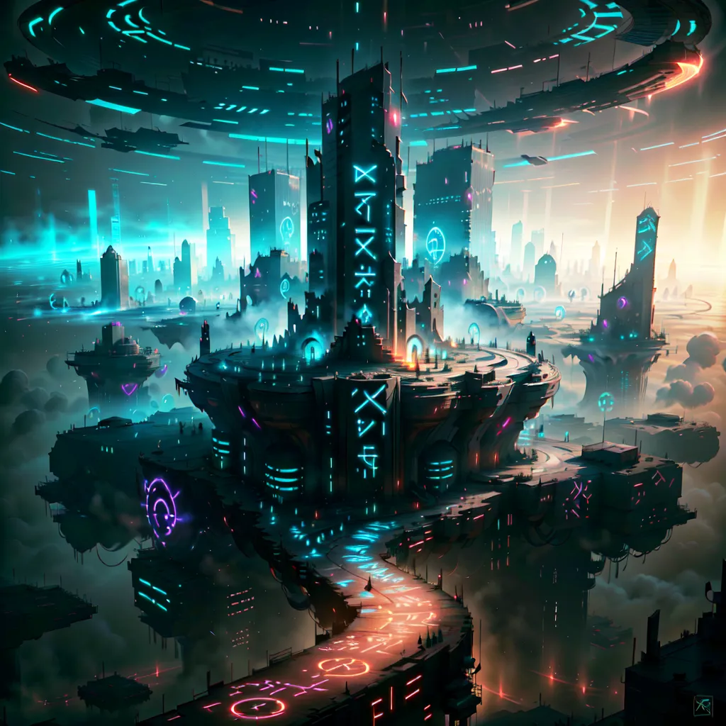 The image is a depiction of a futuristic city. The city is built on a series of floating islands, which are connected by bridges and walkways. The buildings are tall and sleek, and they are all made of glass and metal. The city is lit up by bright lights. There are no people visible in the image.