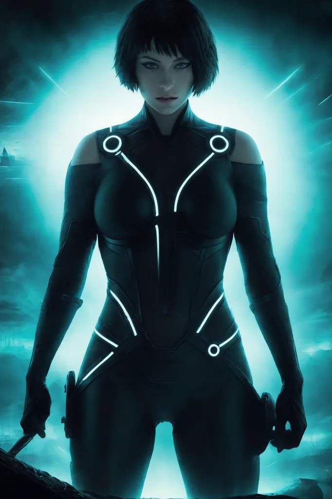 Ceci est une image d'une femme debout dans un vide bleu foncé. Elle porte une combinaison noire avec des lignes bleu lumineux sur le costume. Elle a un pistolet dans chaque main. Elle regarde le spectateur avec une expression sérieuse.