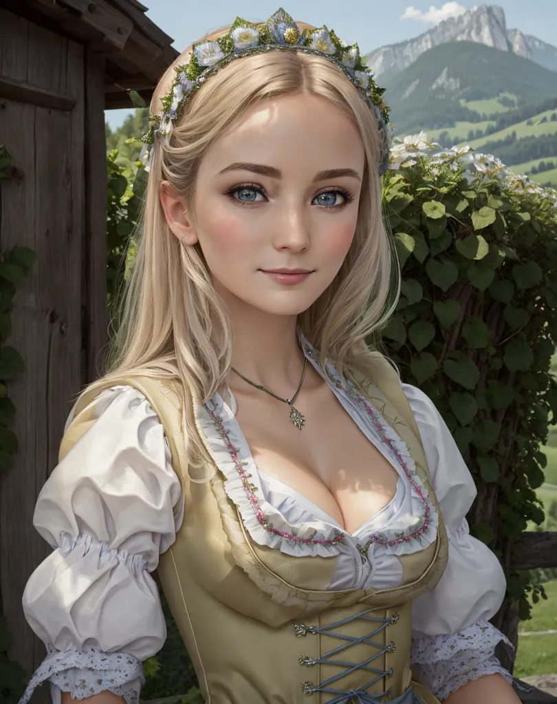 A imagem mostra uma bela mulher jovem com longos cabelos loiros e olhos azuis. Ela está usando um vestido tradicional alemão chamado dirndl. O corpete do vestido é amarelo com detalhes brancos, e a saia é verde com flores brancas. Ela também está usando um colar com um pingente em forma de flor. A mulher está em pé em frente a uma cerca de madeira, e há montanhas ao fundo.