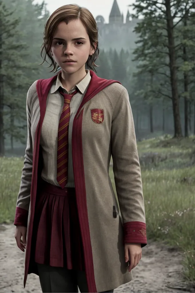 This image shows a young woman standing in a forest. She is wearing a white shirt, a red and yellow tie, a gray jacket with a red and yellow crest on the chest, and a short red skirt. She has brown hair and brown eyes, and she is looking at the camera with a serious expression. In the background, there are tall trees and a castle.