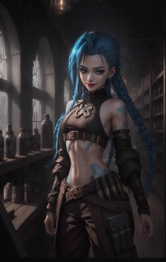 The image shows a young woman with blue hair and blue eyes. She is wearing a black leather top, brown pants, and a brown belt with a large buckle. She has a bandolier of bullets across her chest and a quiver of arrows on her back. She is standing in a dark room, with a window to her left. There are shelves with bottles and jars behind her. The woman is looking at the viewer with a confident expression.