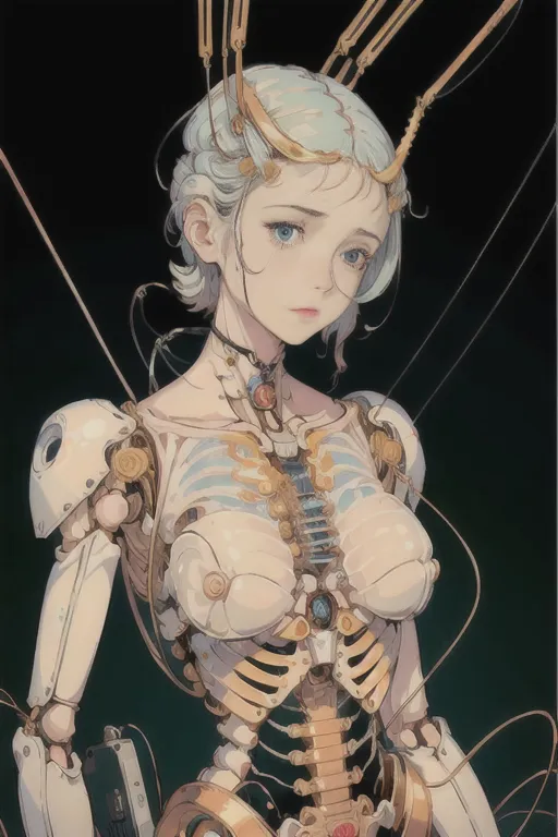 The image is a digital painting of a young woman with white hair and blue eyes. She is wearing a white dress with a corset-like top that reveals her mechanical body. Her face is pale and expressionless, and her eyes are wide and unblinking. She is standing in front of a dark background, and there are several wires and tubes attached to her body. The image is both beautiful and eerie, and it seems to capture the tension between the human and the machine.