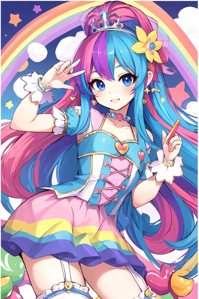 La imagen es de una chica de anime con el cabello largo y ondulado de color azul y rosa. Lleva un vestido colorido con una gama de colores, y tiene una flor amarilla en el cabello. También lleva una tiara y tiene una paleta en la mano. El fondo es un arcoíris con nubes y estrellas. La chica está sonriendo y tiene los ojos cerrados.