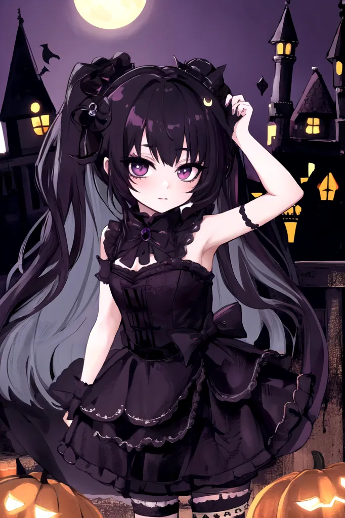 La imagen es de una chica de anime con el cabello negro largo y ojos morados. Lleva un vestido negro con cuello blanco y un lazo negro en el cabello. Está de pie frente a una casa encantada con una luna llena de fondo. Hay murciélagos volando alrededor de la casa encantada. La chica tiene una luna creciente en el cabello. Mira al espectador con una expresión curiosa en el rostro.