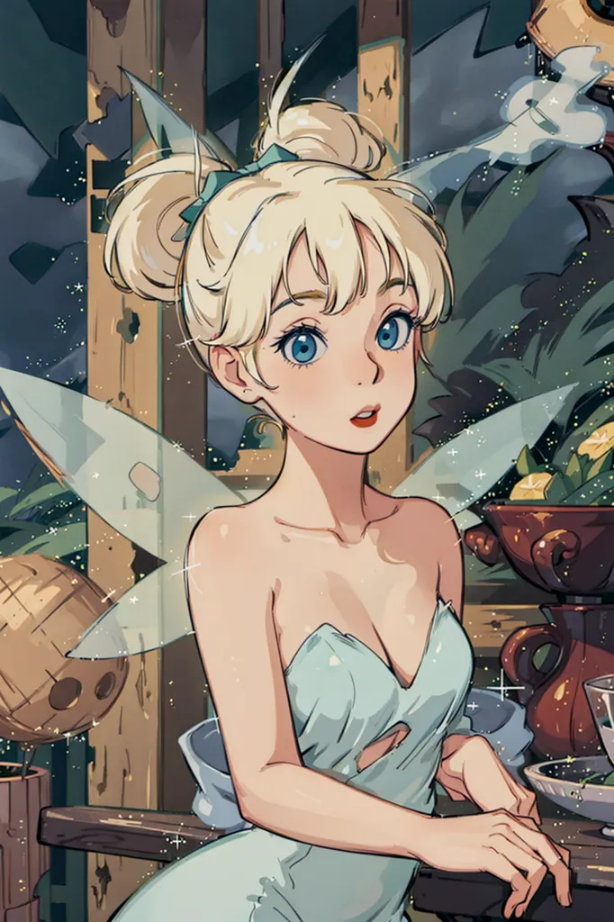 The image is of a beautiful young woman with long blonde hair and blue eyes. She is wearing a blue dress and has wings like a butterfly. She is sitting on a wooden fence and there are plants and flowers all around her. In the background, there is a house. The image is very detailed and the artist has used a lot of different colors to create a magical and whimsical scene.