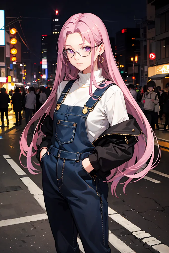 The image is a portrait of a young woman with pink hair and purple eyes. She is wearing a white turtleneck blouse, a black jacket, and blue denim overalls. She has a pair of glasses on and is standing in a busy street at night. The background is blurred, with people walking by and lights from the city. The woman is looking at the viewer with a slightly tersenyum on her face.