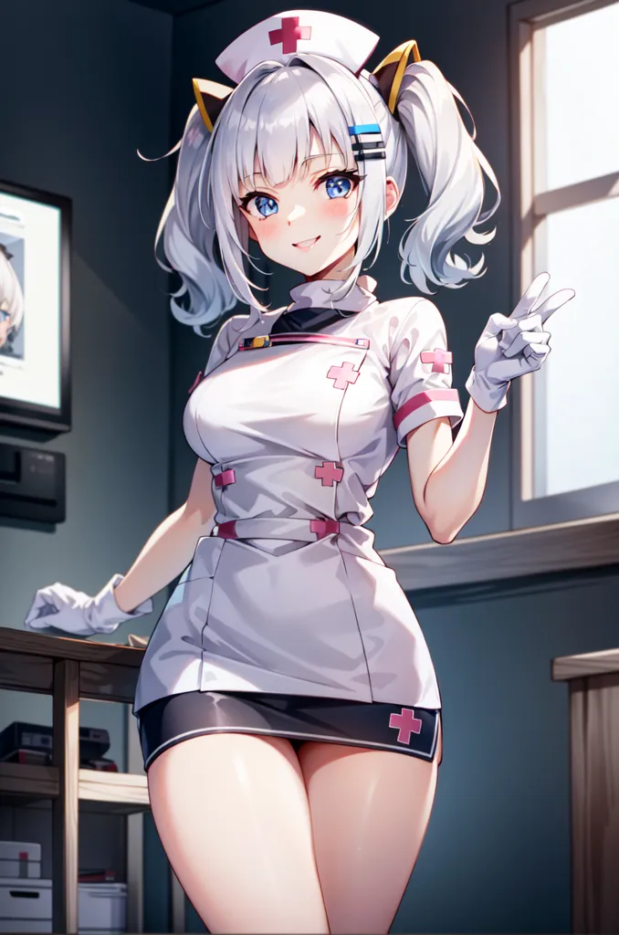 The image is of a young woman with white hair and blue eyes. She is wearing a white and pink nurse's outfit with a cross on the front. She is also wearing cat ears and a nurse's hat. She is standing in a room with a window and a counter. She has a friendly smile on her face and is making a peace sign with her right hand.