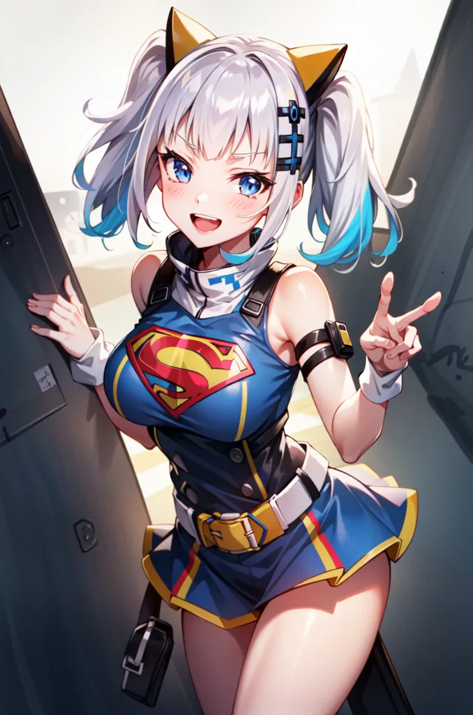 The image is of a young woman with white and blue hair, blue eyes, and cat ears. She is wearing a blue and red superhero costume with the Superman logo on the front and a yellow belt. She is also wearing a pair of black boots. She is standing in front of a door with one hand on the door frame and the other raised in the air. She has a smile on her face and is looking at the viewer.