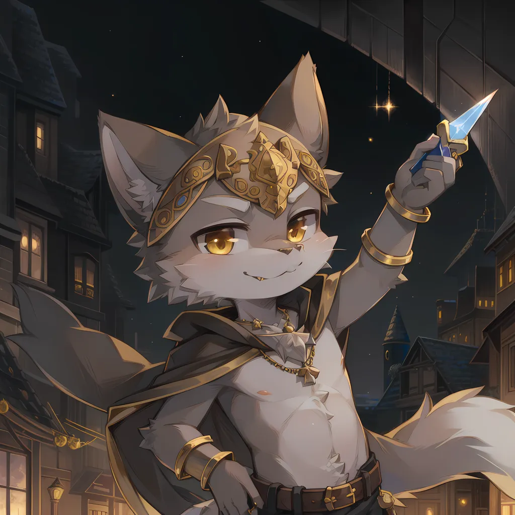 The image is of a furry character. The character is a wolf with grey and white fur, yellow eyes, and a black nose. It is wearing a brown cloak and a gold necklace with a cross on it. It is also wearing a belt with a pouch on it. The character is standing in a dark alleyway with a building in the background. The character is holding a knife in its right hand.