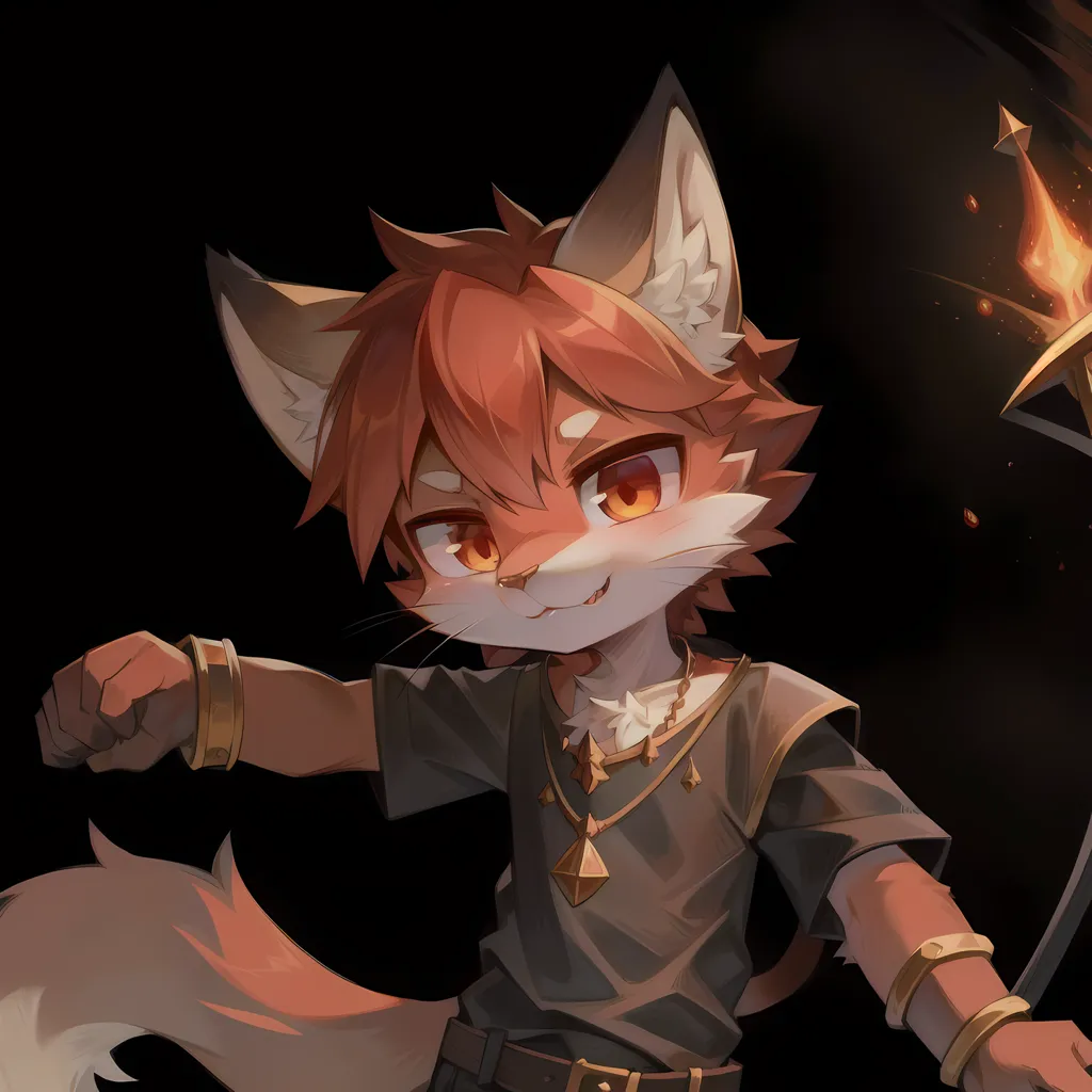 The image is of a cartoon fox boy with red and orange fur and yellow eyes. He is wearing a black shirt with a gray undershirt and brown pants. He has a brown belt on and several gold bracelets on his left arm. He is in a fighting stance with his left fist raised and his right hand holding a staff with a flame on the end. He has a determined look on his face. The background is dark with a few embers floating through the air.