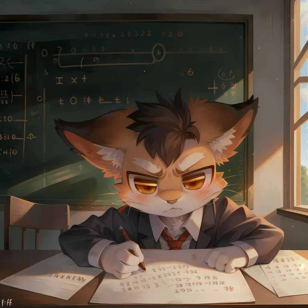 The image shows a cat wearing a school uniform sitting at a desk in a classroom. The cat is looking at the blackboard, which is filled with math problems. The cat is holding a pen and is writing on a piece of paper. There are papers on the desk. The cat has brown hair and yellow eyes. The cat is wearing a white shirt, a red tie, and a black jacket. The classroom is lit by the sun, which is shining through the window.