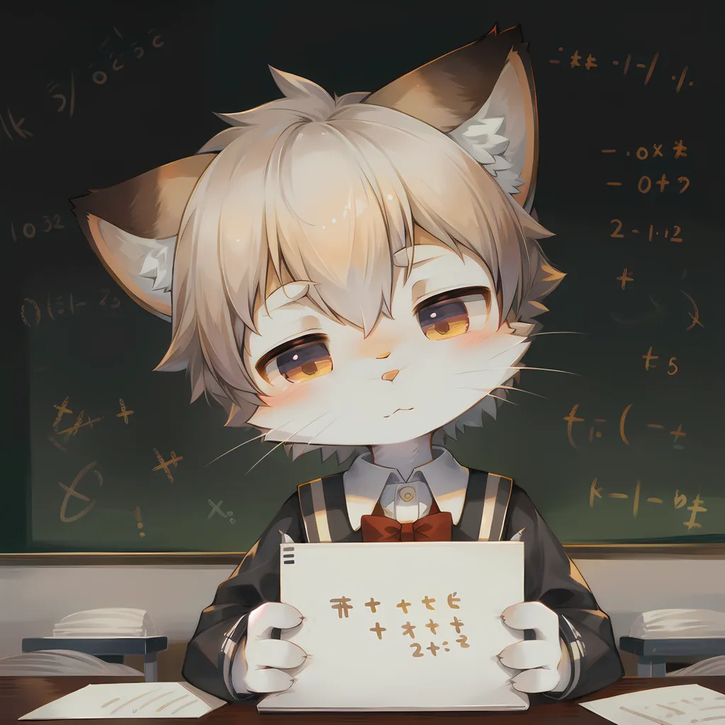 L'image montre un garçon-chat de style anime aux cheveux blancs et bruns. Il porte un uniforme scolaire et est assis dans une salle de classe. Sur le tableau derrière lui, il y a quelques problèmes de mathématiques. Le garçon-chat tient une pancarte qui dit \