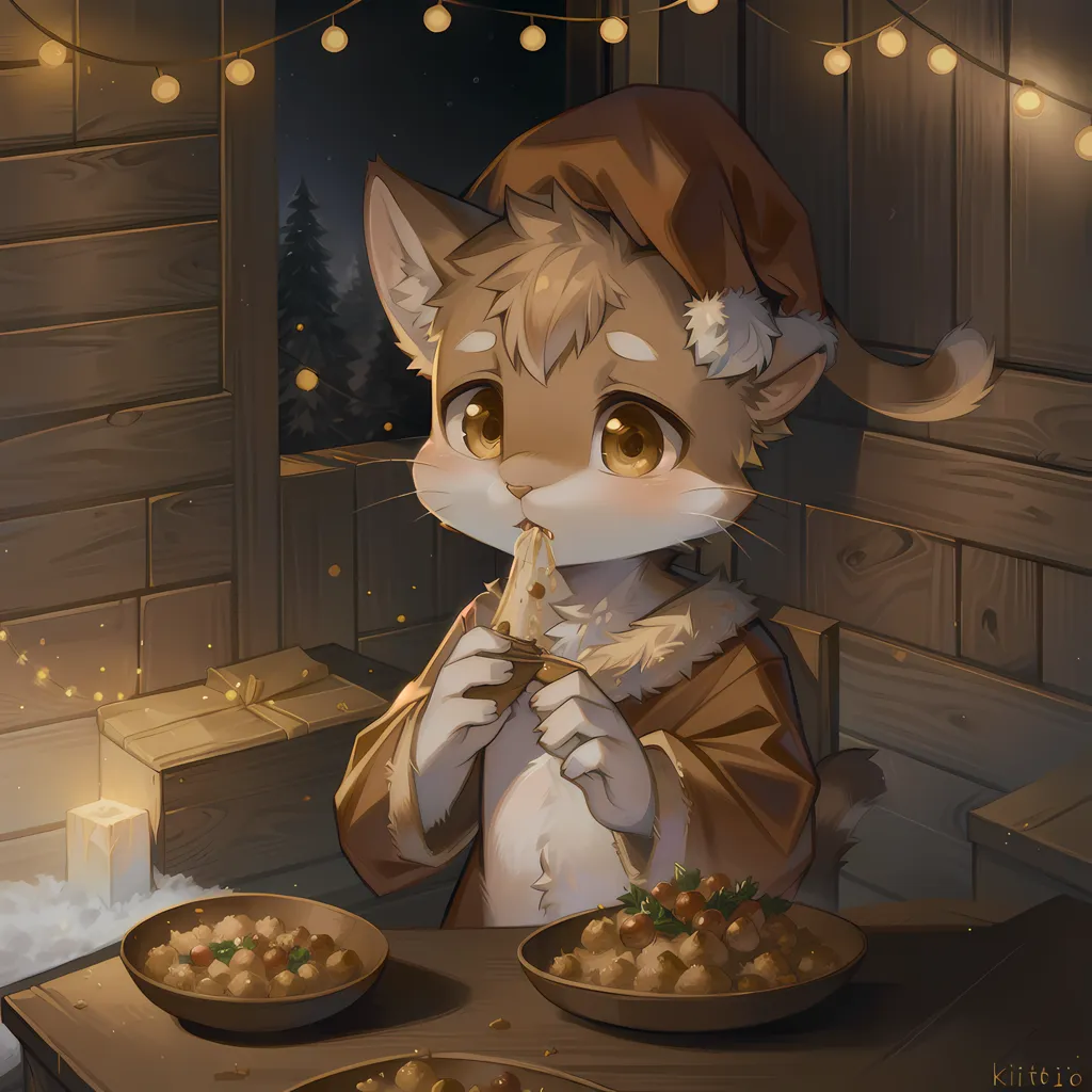 A imagem é uma pintura de um gato usando um chapéu de Papai Noel. O gato está sentado em uma mesa e comendo uma fatia de pizza. Há dois pratos na mesa, cada um com um tipo diferente de comida. O gato está cercado por presentes e há luzes penduradas no fundo. A pintura é feita em um estilo realista e as cores são quentes e convidativas.