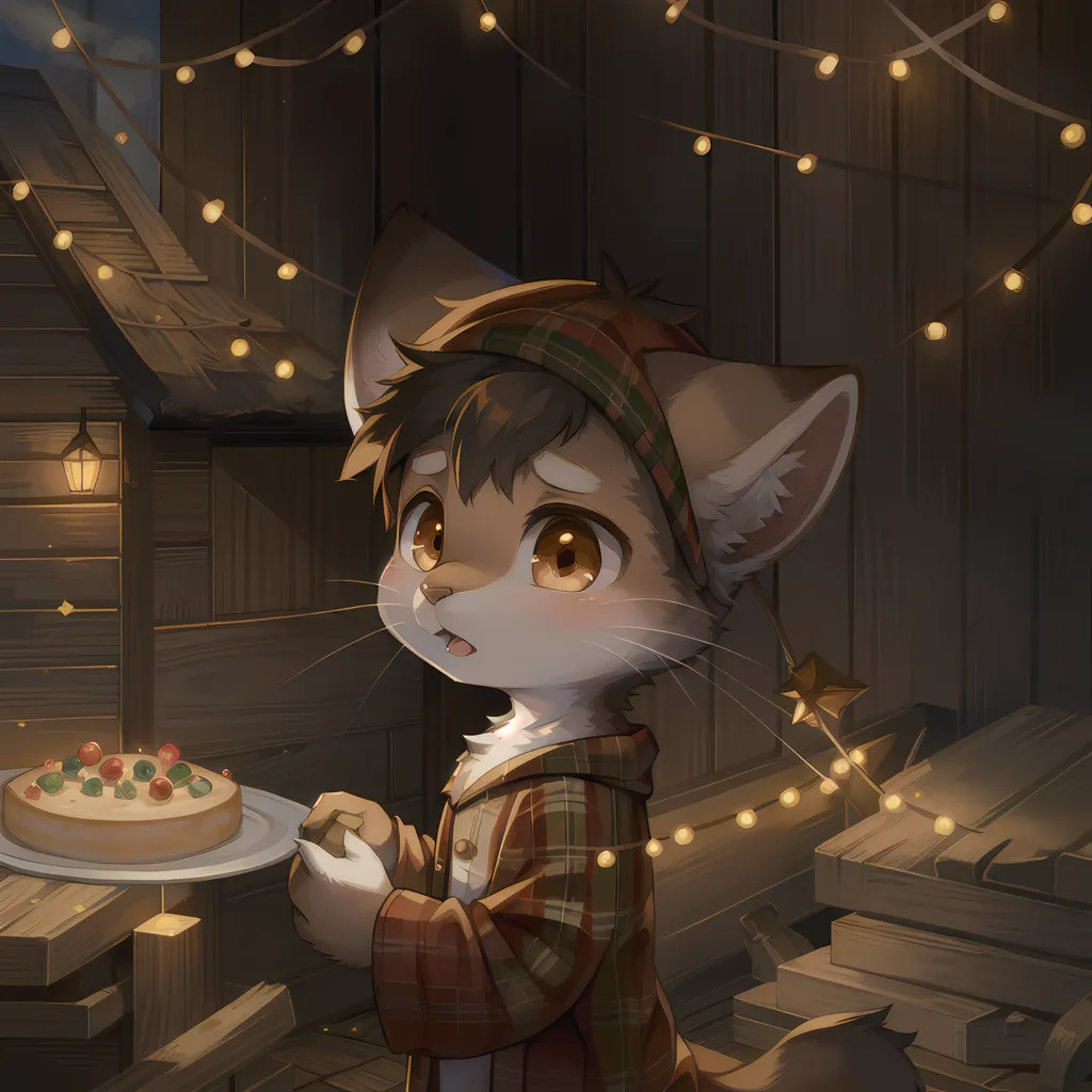 The image is of a cat-like creature standing in a wooden room. The creature is wearing a red and black plaid shirt and has a surprised expression on its face. It is holding a plate with a cake on it. The room is decorated with string lights and there is a lantern on the wall.