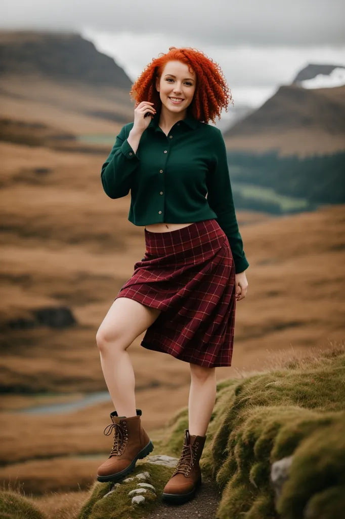 The image shows a young woman standing on a grassy hill. She is wearing a green blouse, a red and gray tartan skirt, and brown boots. The woman has long red curly hair and a friendly smile on her face. In the background, there are mountains in the distance with clouds rolling in.