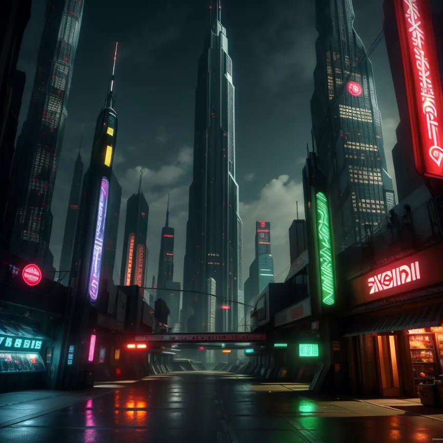 The image is a dark and rainy street in a futuristic city. The street is lined with tall buildings, many of which are covered in neon signs. The street is wet and reflecting the lights of the city. There are a few people walking on the street all wearing long coats. The image is full of atmosphere and mystery.