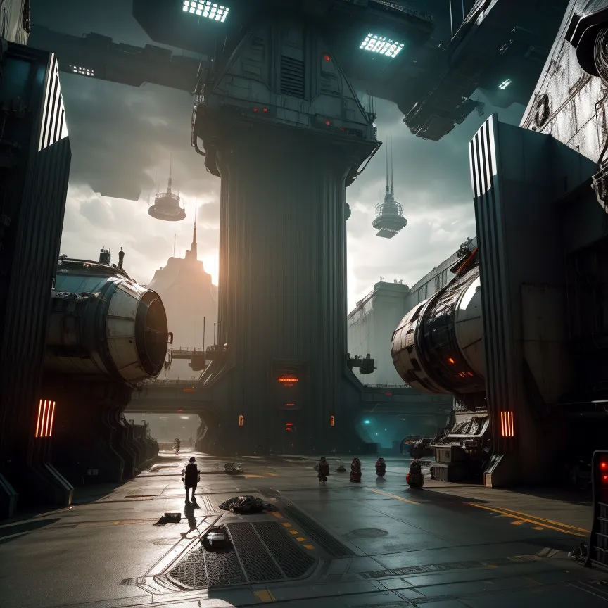 The image shows a scene from a science fiction movie. There is a large spaceship in the center of the image. It has a long, cylindrical body with a large engine at the back. There are several smaller spaceships docked to the larger ship. There are also several people walking around on the landing pad. The people are all wearing spacesuits. The image is dark and has a blue-green tint.