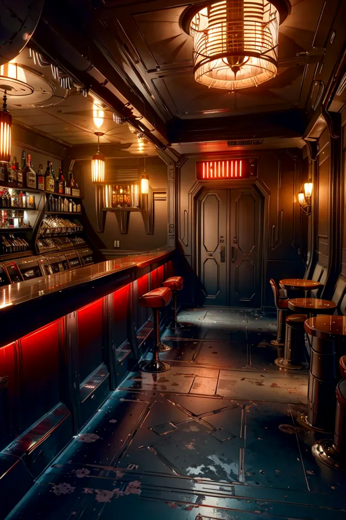 The image is a dark and moody bar with a retro-futuristic design. The bar is lit by red and orange lights, and there are several stools lined up in front of it. There is a door at the back of the bar, and a few tables and chairs scattered around. The bar is decorated with a few pieces of art, including a painting of a woman in a red dress.