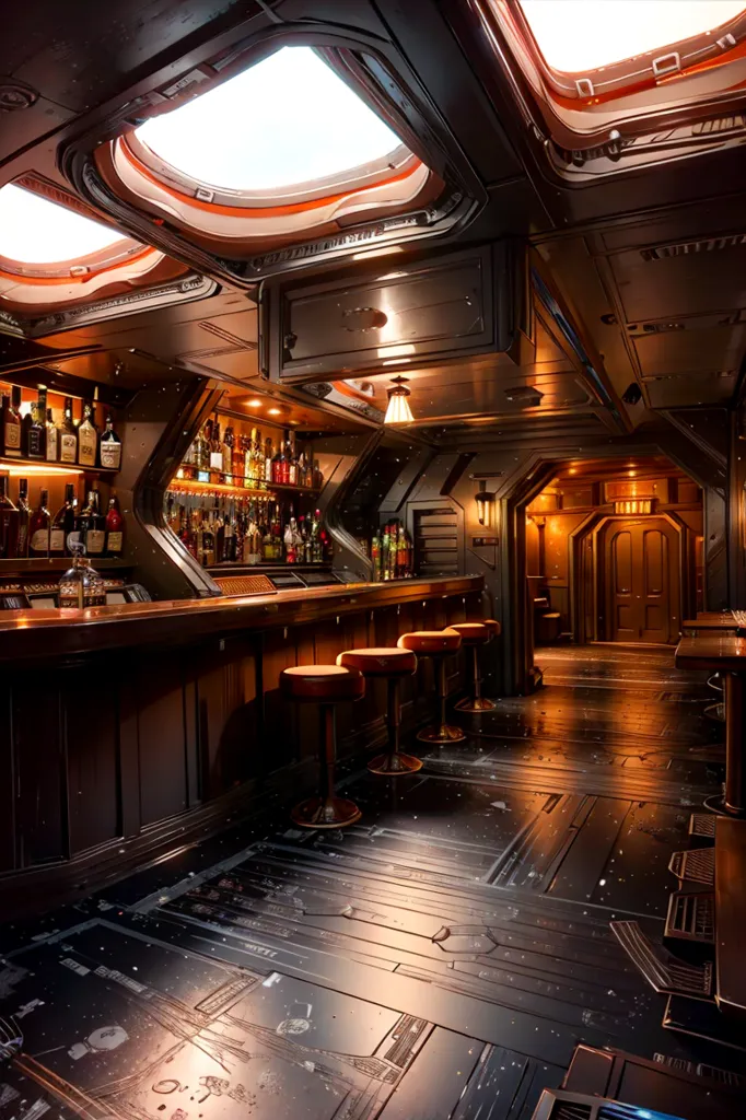 The image shows a bar with a wooden counter and brown leather stools. There are shelves behind the counter with bottles of liquor. The walls are made of dark wood and there are metal accents throughout. The floor is made of metal plates with a wood grain pattern. There are two large windows in the ceiling that show a view of space.