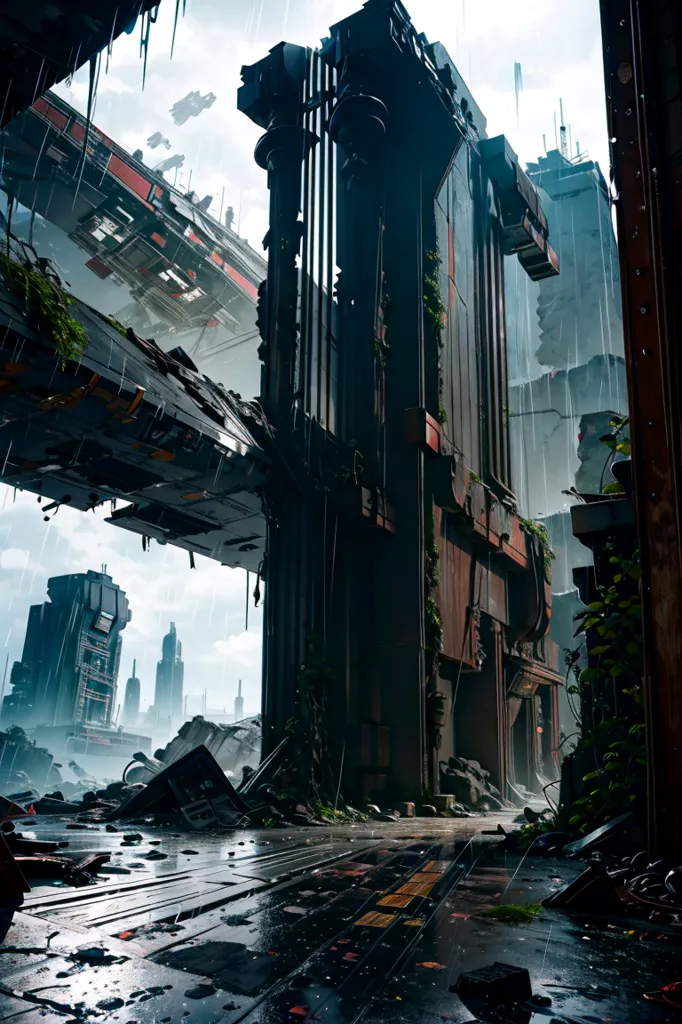 The image is set in a post-apocalyptic city. The once-thriving metropolis is now a shadow of its former self, with towering skyscrapers and buildings reduced to rubble. The streets are littered with debris, and the air is thick with dust and smoke. The rain is coming down hard, adding to the sense of desolation. There are no people visible in the image, adding to the feeling of isolation and abandonment. The overall effect is one of hopelessness and despair. It is a reminder of the fragility of our world and the importance of cherishing what we have